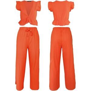 Women’s 2-Piece Set – Deep V Crop Top & Wide-Leg Pants (Size Large) – Orange